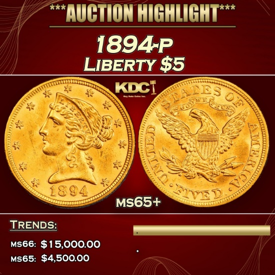 *Highlight* 1894-p Gold Liberty Half Eagle $5 ms65+ SEGS (fc)