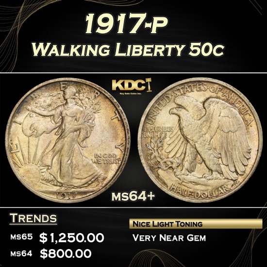 1917-p Walking Liberty Half Dollar 50c Grades Choice+ Unc