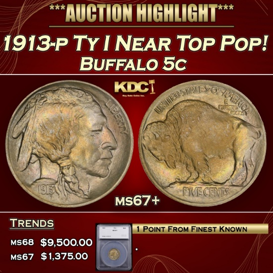 *Highlight* 1913-p Ty I Buffalo Nickel Near Top Pop! 5c ms67+ SEGS (fc)