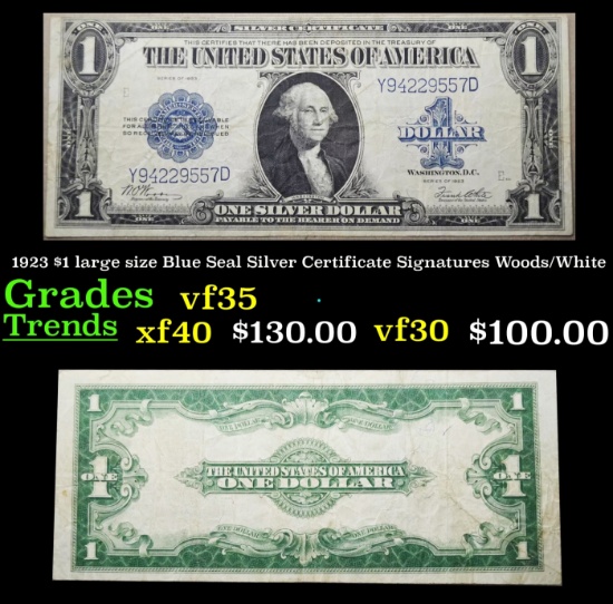 1923 $1 large size Blue Seal Silver Certificate Grades vf++ Signatures Woods/White