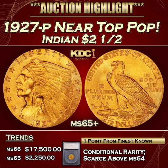 *Highlight* 1927-p Gold Indian Quarter Eagle Near Top Pop! $2 1/2 ms65+ SEGS (fc)