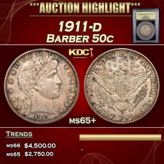 *Highlight* 1911-d Barber Half Dollars 50c GEM+ Unc USCG (fc)