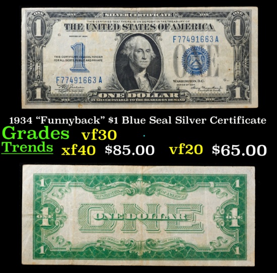 1934 "Funnyback" $1 Blue Seal Silver Certificate Grades vf++