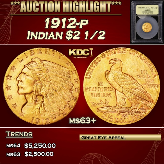 *Highlight* 1912-p Gold Indian Quarter Eagle $2 1/2 Select+ Unc USCG (fc)