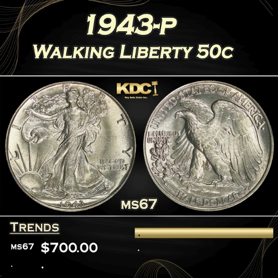 1943-p Walking Liberty Half Dollar 50c Grades GEM++ Unc