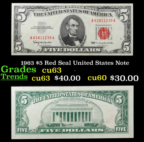 1963 $5 Red Seal United States Note Grades Select CU