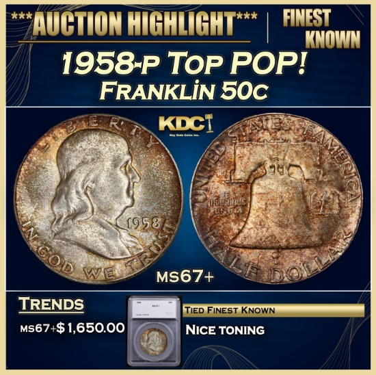 1958-p Franklin Half Dollar TOP POP! 50c ms67+ SEGS