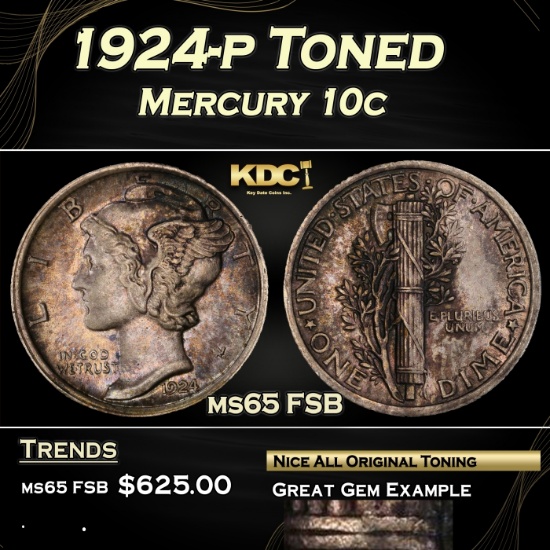 1924-p Mercury Dime Toned  10c Grades GEM FSB