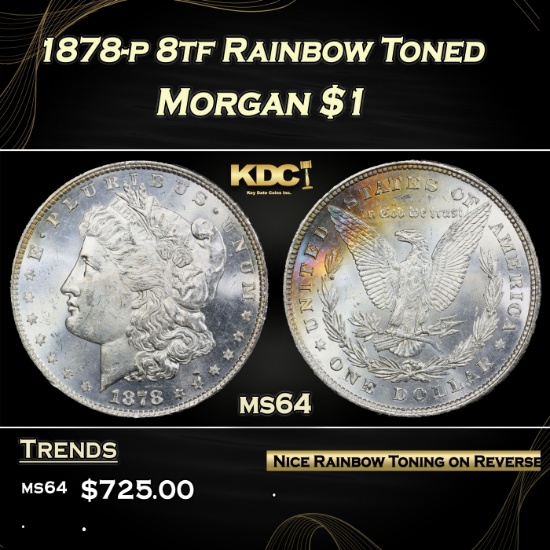 1878-p 8tf Morgan Dollar Rainbow Toned $1 Grades Choice Unc