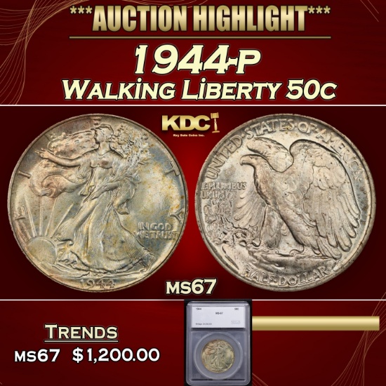 *Highlight* 1944-p Walking Liberty Half Dollar 50c ms67 SEGS (fc)