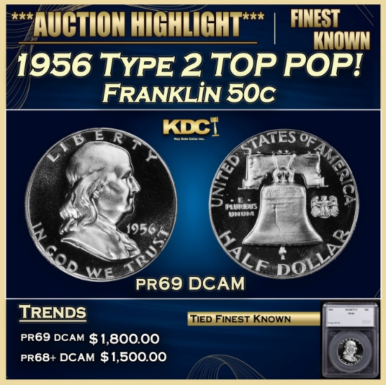 *Highlight* 1956 Type 2 Proof Franklin Half Dollar TOP POP! 50c pr69 DCAM SEGS (fc)