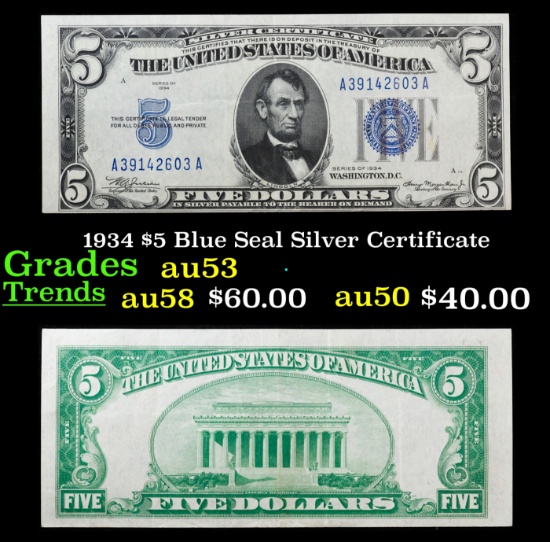 1934 $5 Blue Seal Silver Certificate Grades Select AU