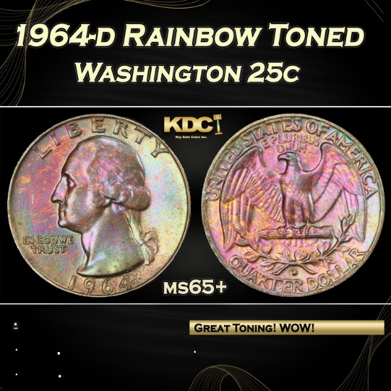 1964-d Washington Quarter Rainbow Toned 25c GEM+ Unc USCG