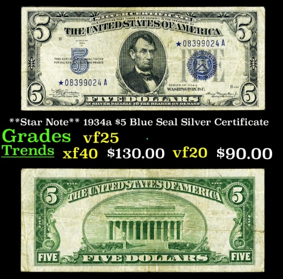 **Star Note** 1934a $5 Blue Seal Silver Certificate Grades vf+
