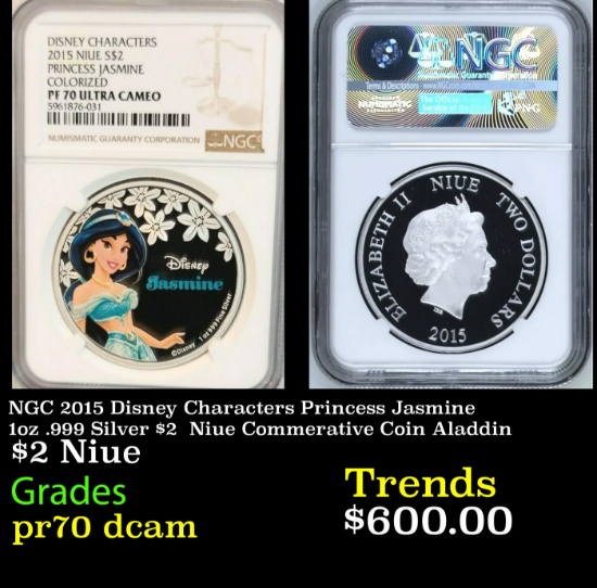 NGC NGC 2015 Disney Characters Princess Jasmine 1oz .999 Silver $2  Niue Commerative Coin Aladdin Pr