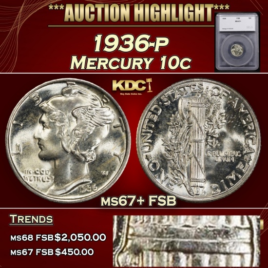 *Highlight* 1936-p Mercury Dime 10c ms67+ FSB SEGS (fc)