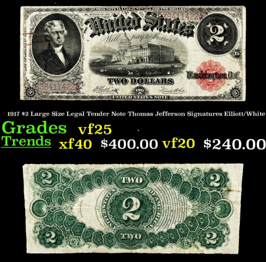 1917 $2 Large Size Legal Tender Note Thomas Jefferson Grades vf+ Signatures Elliott/White