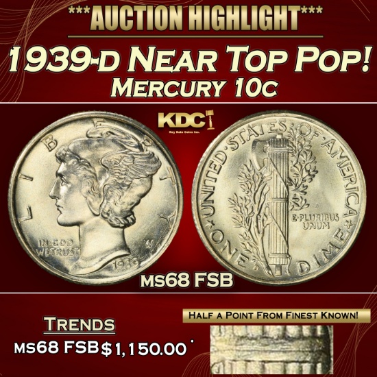*Highlight* 1939-d Mercury Dime Near Top Pop! 10c ms68 FSB SEGS (fc)