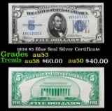 1934 $5 Blue Seal Silver Certificate Grades Select AU