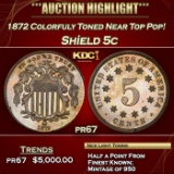 *Highlight* 1872 Proof Shield Nickel Colorfuly Toned Near Top Pop! 5c pr67 SEGS (fc)