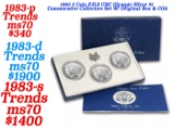 1983 3 Coin P,D,S UNC Olympic Silver $1 Commerative Collectors Set W/ Original Box & COA