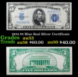 1934 $5 Blue Seal Silver Certificate Grades Select AU