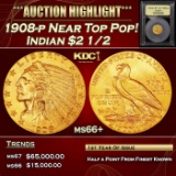 *Highlight* 1908-p Gold Indian Quarter Eagle Near Top Pop! $2 1/2 GEM++ Unc USCG (fc)