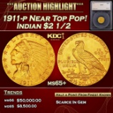 *Highlight* 1911-p Gold Indian Quarter Eagle Near Top Pop! $2 1/2 ms65+ SEGS (fc)