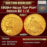 *Highlight* 1909-p Gold Indian Quarter Eagle Near Top Pop! $2 1/2 ms65+ SEGS (fc)
