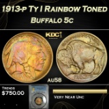 PCGS 1913-p Ty I Buffalo Nickel Rainbow Toned 5c au58 PCGS