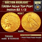 *Highlight* 1908-p Gold Indian Quarter Eagle Near Top Pop! $2 1/2 GEM+ Unc USCG (fc)