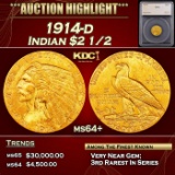 *Highlight* 1914-d Gold Indian Quarter Eagle $2 1/2 ms64+ SEGS (fc)