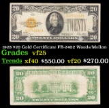 1928 $20 Gold Certificate FR-2402 Woods/Mellon Grades vf+