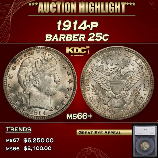 1914-p Barber Quarter 25c ms66+ SEGS