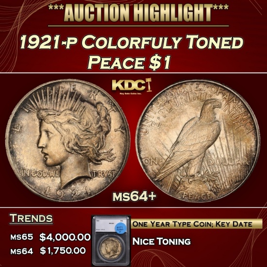 1921-p Peace Dollar Colorfuly Toned $1 ms64+ SEGS