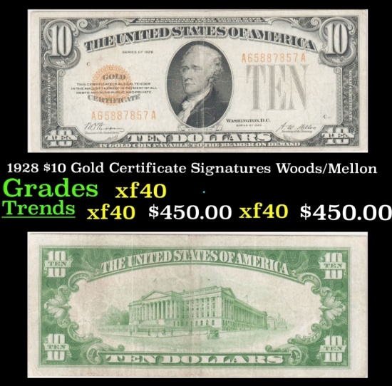 1928 $10 Gold Certificate Signatures Woods/Mellon Grades xf