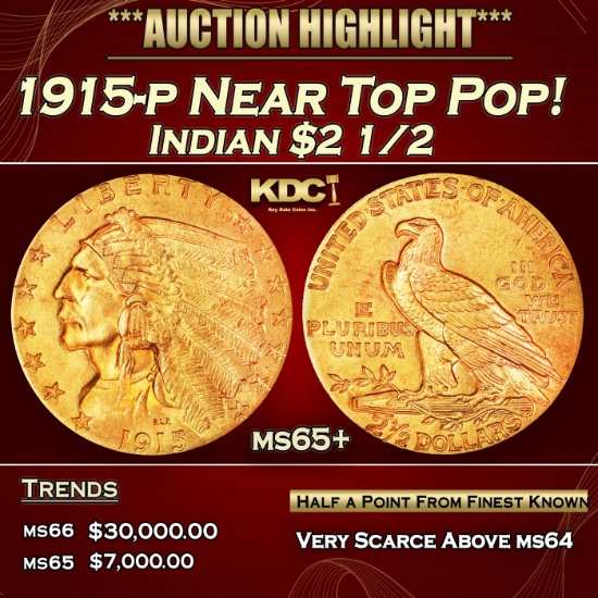 IC 1915-p Gold Indian Quarter Eagle Near Top Pop! $2 1/2 GEM+ Unc USCG