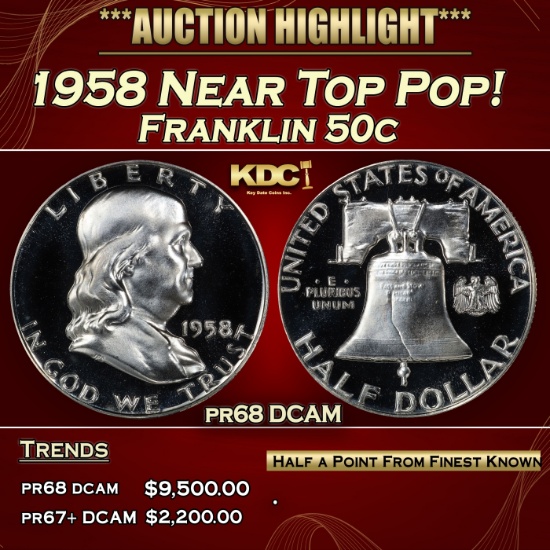 IC 1958 Proof Franklin Half Dollar Near Top Pop! 50c pr68 DCAM SEGS