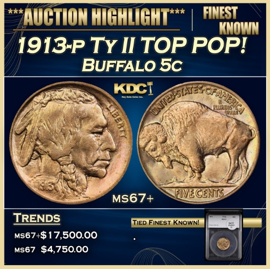 YC 1913-p Ty II Buffalo Nickel TOP POP! 5c ms67+ SEGS