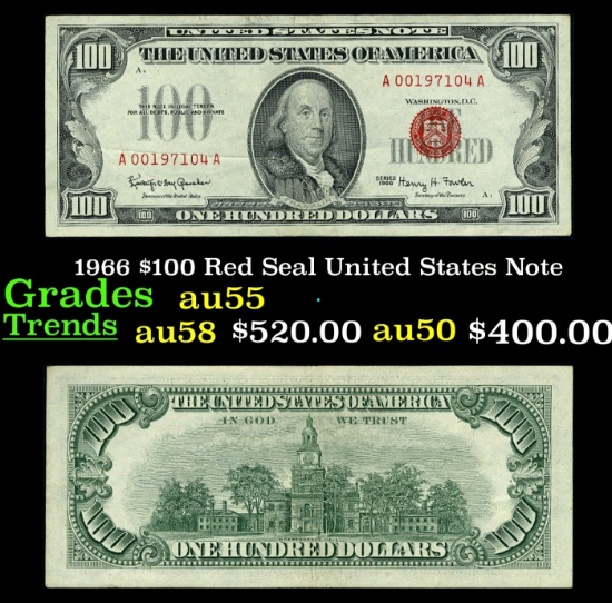 1966 $100 Red Seal United States Note Grades Choice AU