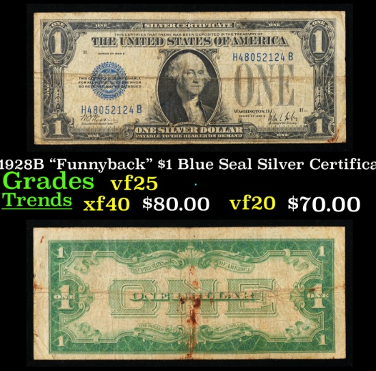 1928B "Funnyback" $1 Blue Seal Silver Certificate Grades vf+