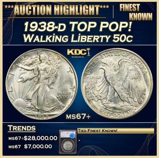 1938-d Walking Liberty Half Dollar TOP POP! 50c ms67+ SEGS