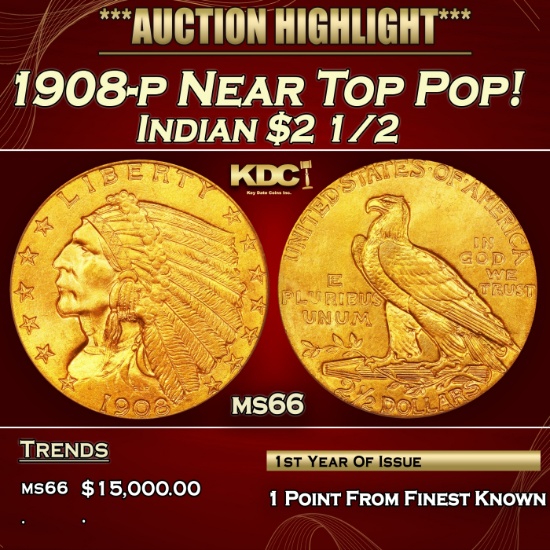 IC 1908-p Gold Indian Quarter Eagle Near Top Pop! $2 1/2 GEM+ Unc USCG