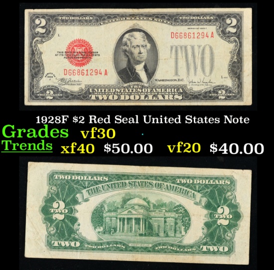 1928F $2 Red Seal United States Note Grades vf++