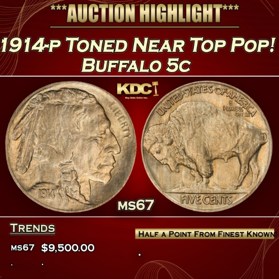 IC 1914-p Buffalo Nickel Toned Near Top Pop! 5c ms67 SEGS