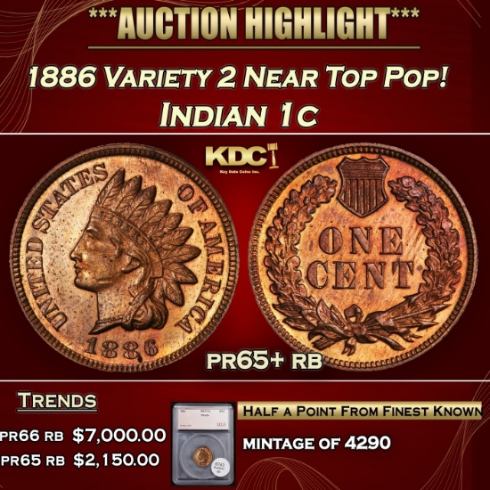 1886 Variety 2 Proof Indian Cent Near Top Pop! 1c pr65+ rb SEGS