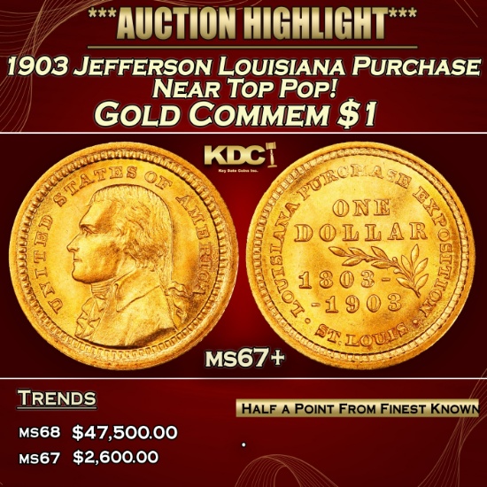 IC 1903 Jefferson Louisiana Purchase Gold Commem Dollar Near Top Pop! 1 ms67+ SEGS