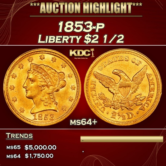 1853-p Gold Liberty Quarter Eagle $2 1/2 ms64+ SEGS