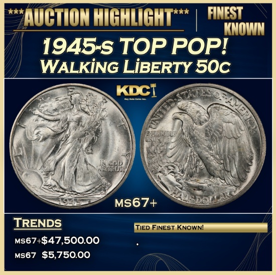 IC 1945-s Walking Liberty Half Dollar TOP POP! 50c ms67+ SEGS