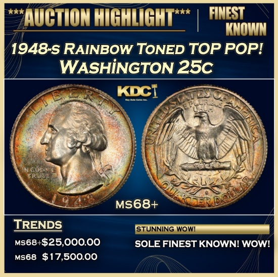 1948-s Washington Quarter Rainbow Toned TOP POP! 25c ms68+ SEGS